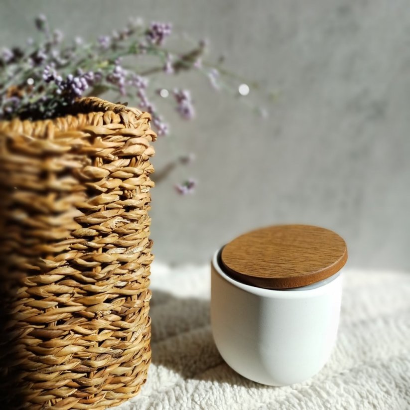 Vonný vosk do aromalampy v betonové dóze s víčkem JARNÍ ZAHRADA / Hruška a Frézie 120 g - Barva dózy: Šedá