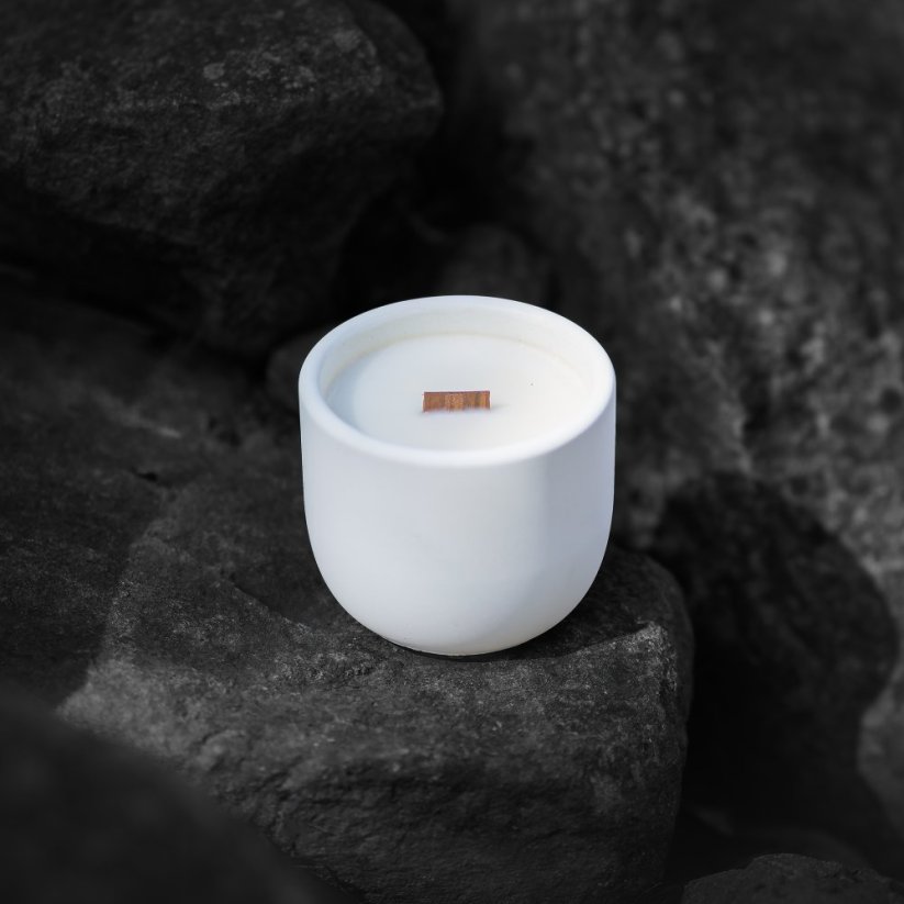 Sójová svíčka v betonu MALINOVÉ POKUŠENÍ / Malina x Pepř 220g - Barva: Švestková